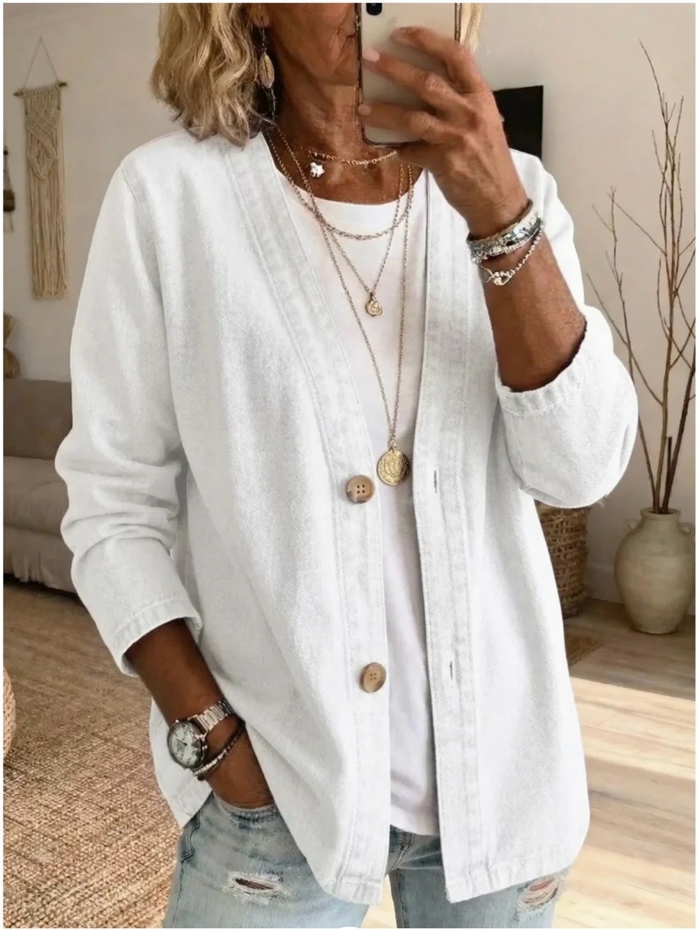 White Women's Casual Button Front Jean Jacket
